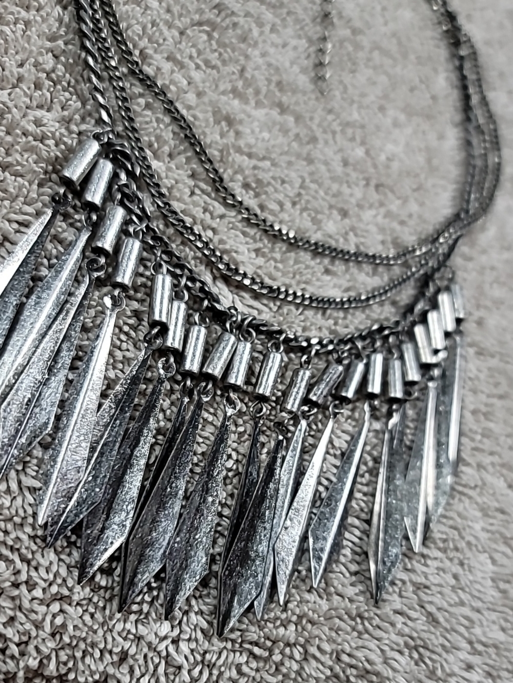Layered Metal Flared Daggers Fringe Silver Tone Necklace